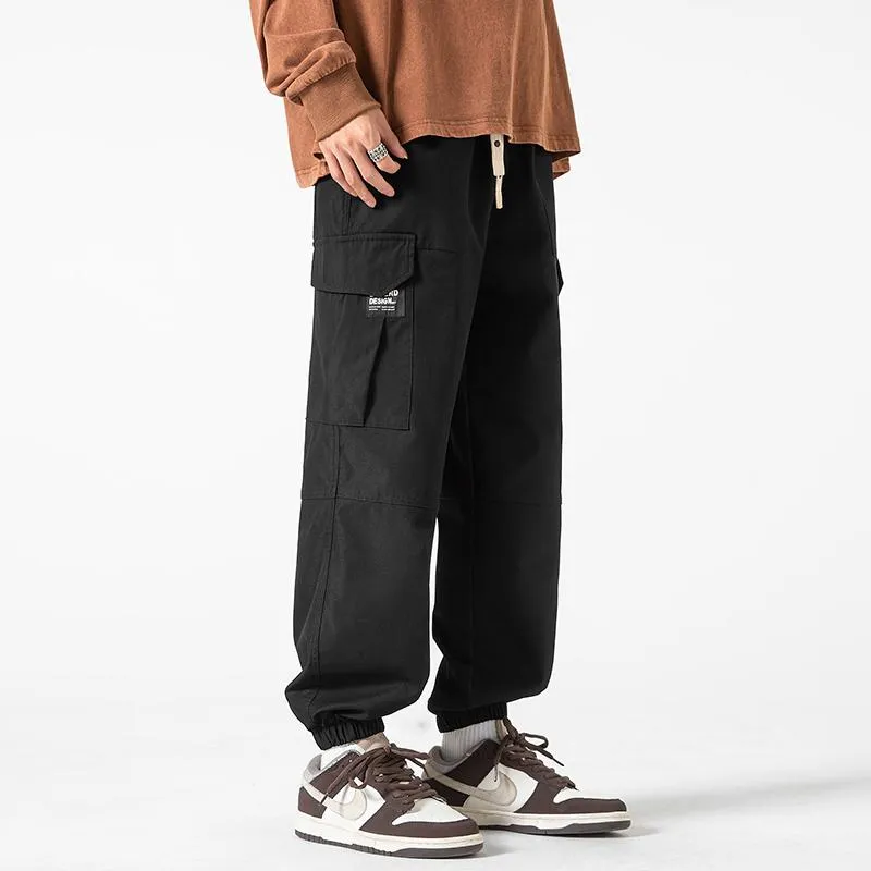 Street Style Elasticity Solid Color Loose Fit Bellows Pocket Tapered Pants