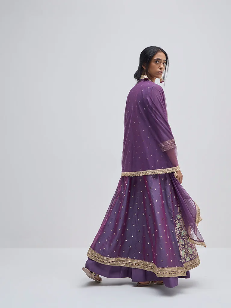 Vark Purple Floral Embroidered Kurta, Skirt and Dupatta Set