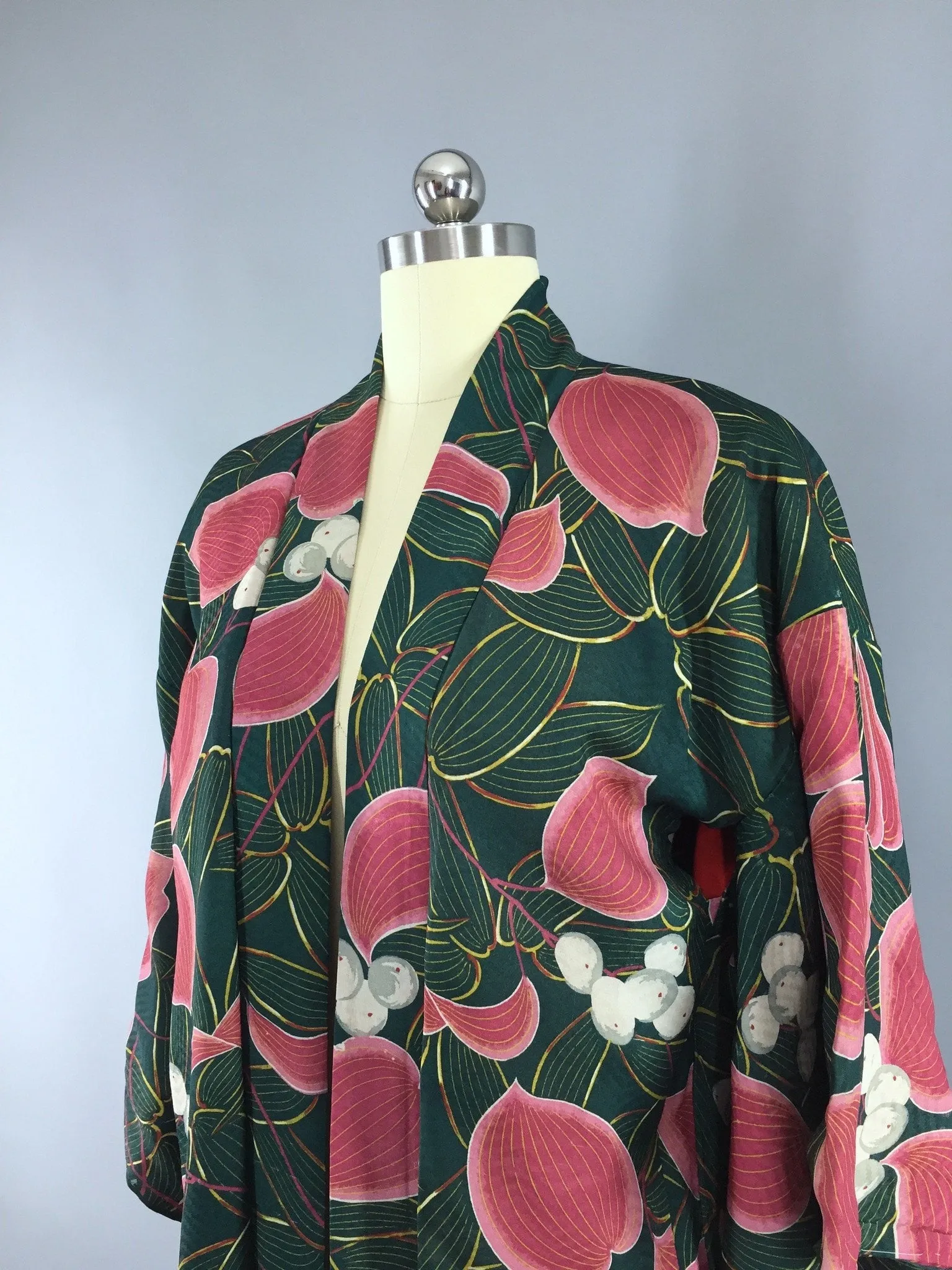 Vintage 1930s Silk Haori Kimono Cardigan / Art Deco Green & Pink Floral Print