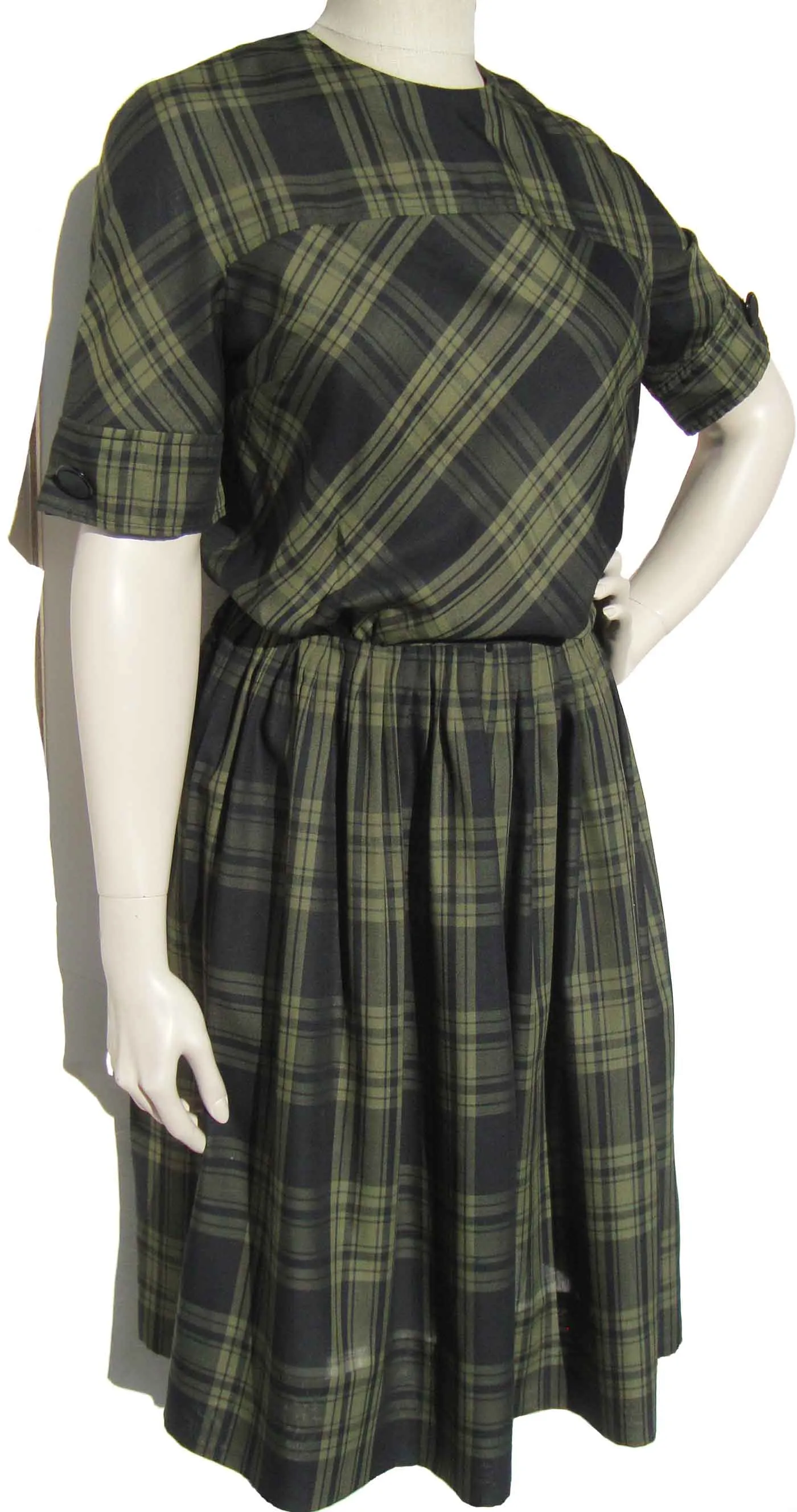 Vintage 60s Nelly Don Dress Green Black Plaid Dark Academia S / M