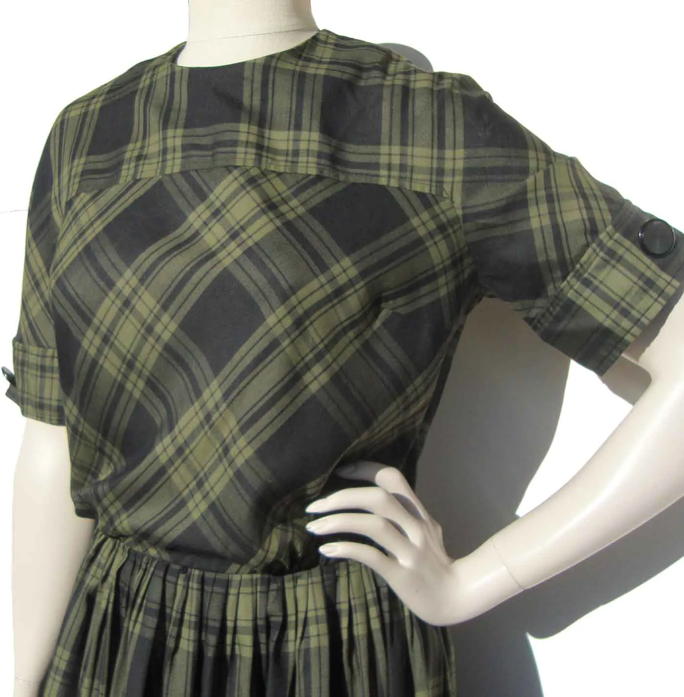 Vintage 60s Nelly Don Dress Green Black Plaid Dark Academia S / M