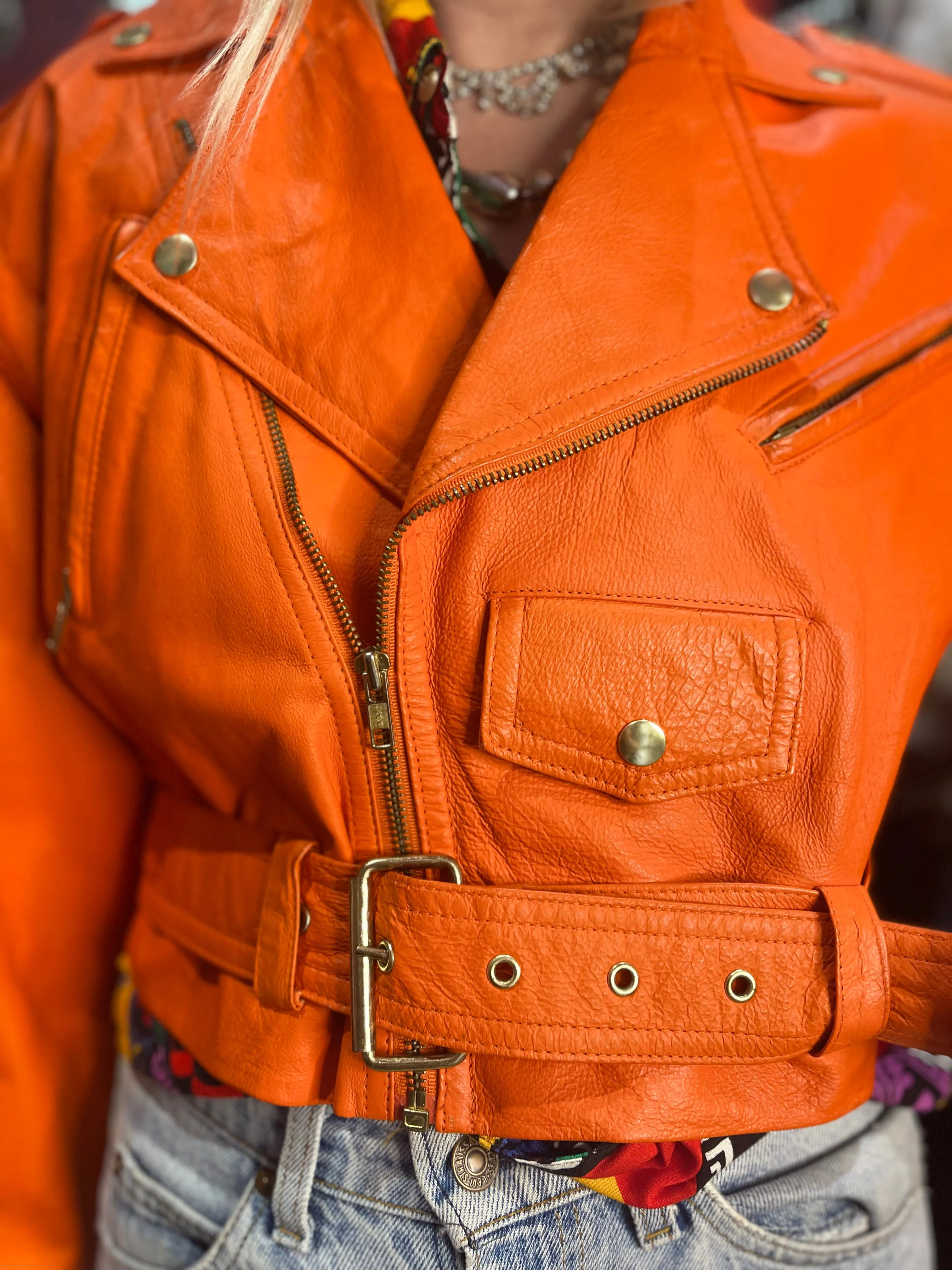 Vintage 80s Orange Leather Moto Jacket