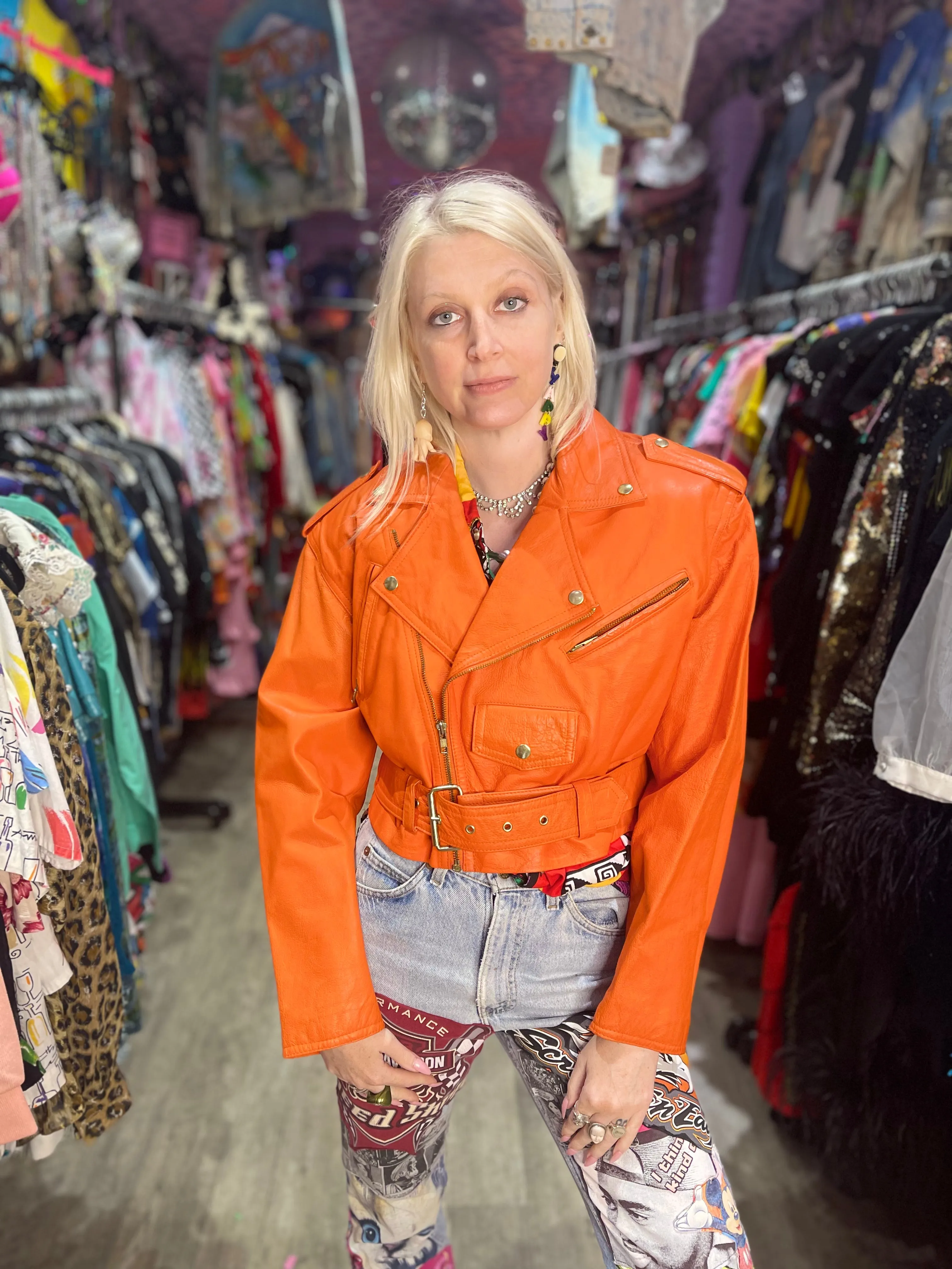 Vintage 80s Orange Leather Moto Jacket