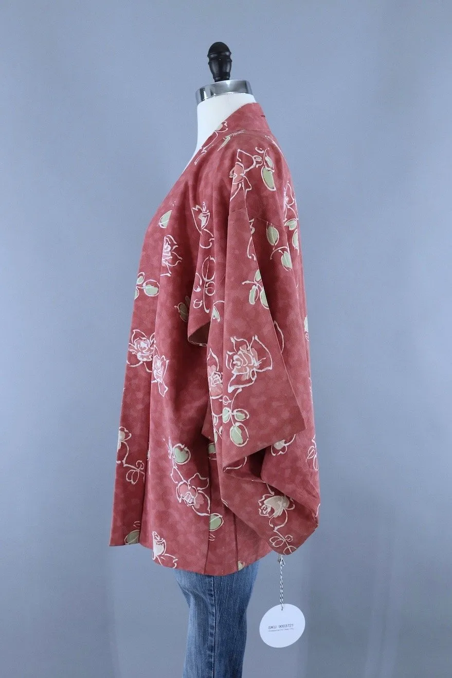 Vintage Kimono Cardigan / Dusty Pink Roses Floral Print