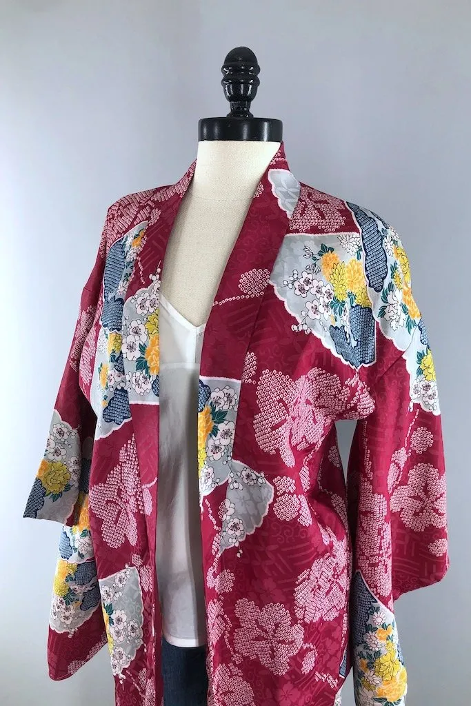 Vintage Maroon Shibori Silk Kimono Cardigan