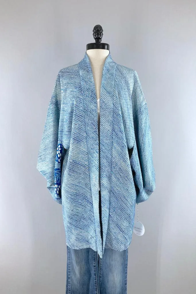 Vintage Ocean Blue Shibori Silk Kimono Cardigan