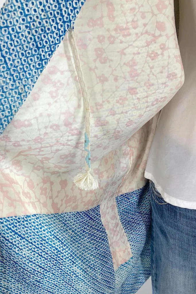 Vintage Ocean Blue Shibori Silk Kimono Cardigan