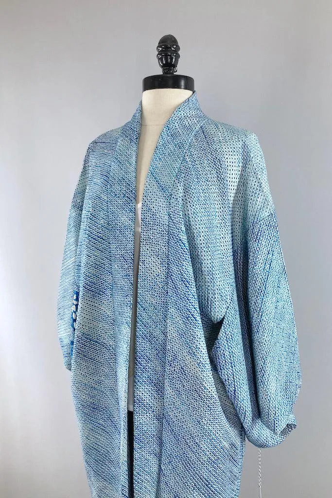 Vintage Ocean Blue Shibori Silk Kimono Cardigan