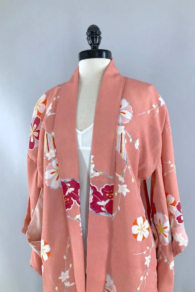 Vintage Peach Floral Silk Kimono Jacket