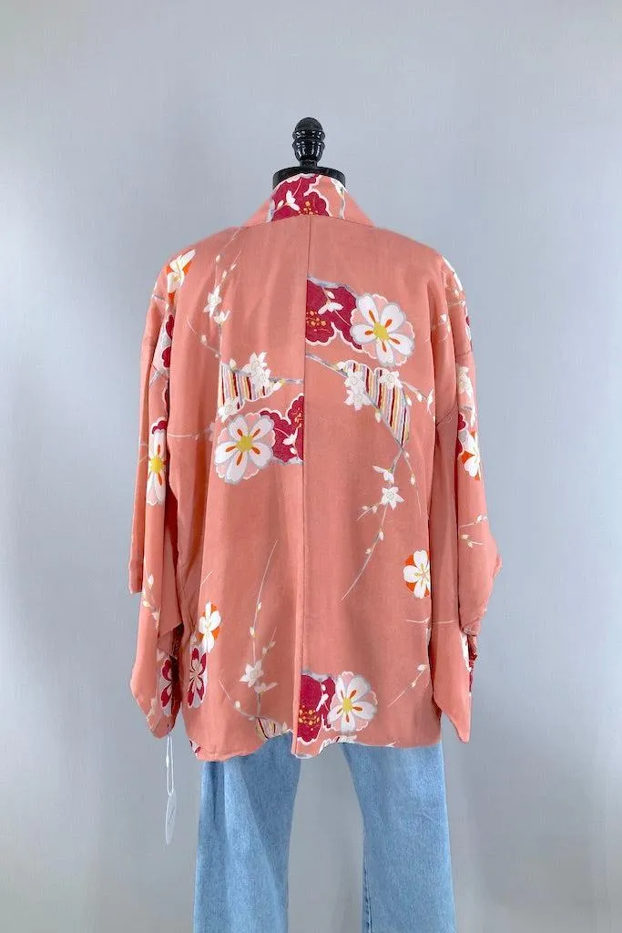 Vintage Peach Floral Silk Kimono Jacket