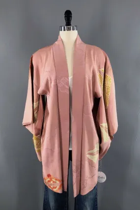 Vintage Pink Flying Cranes Silk Kimono Cardigan