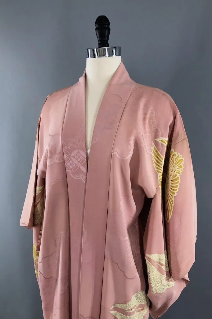 Vintage Pink Flying Cranes Silk Kimono Cardigan