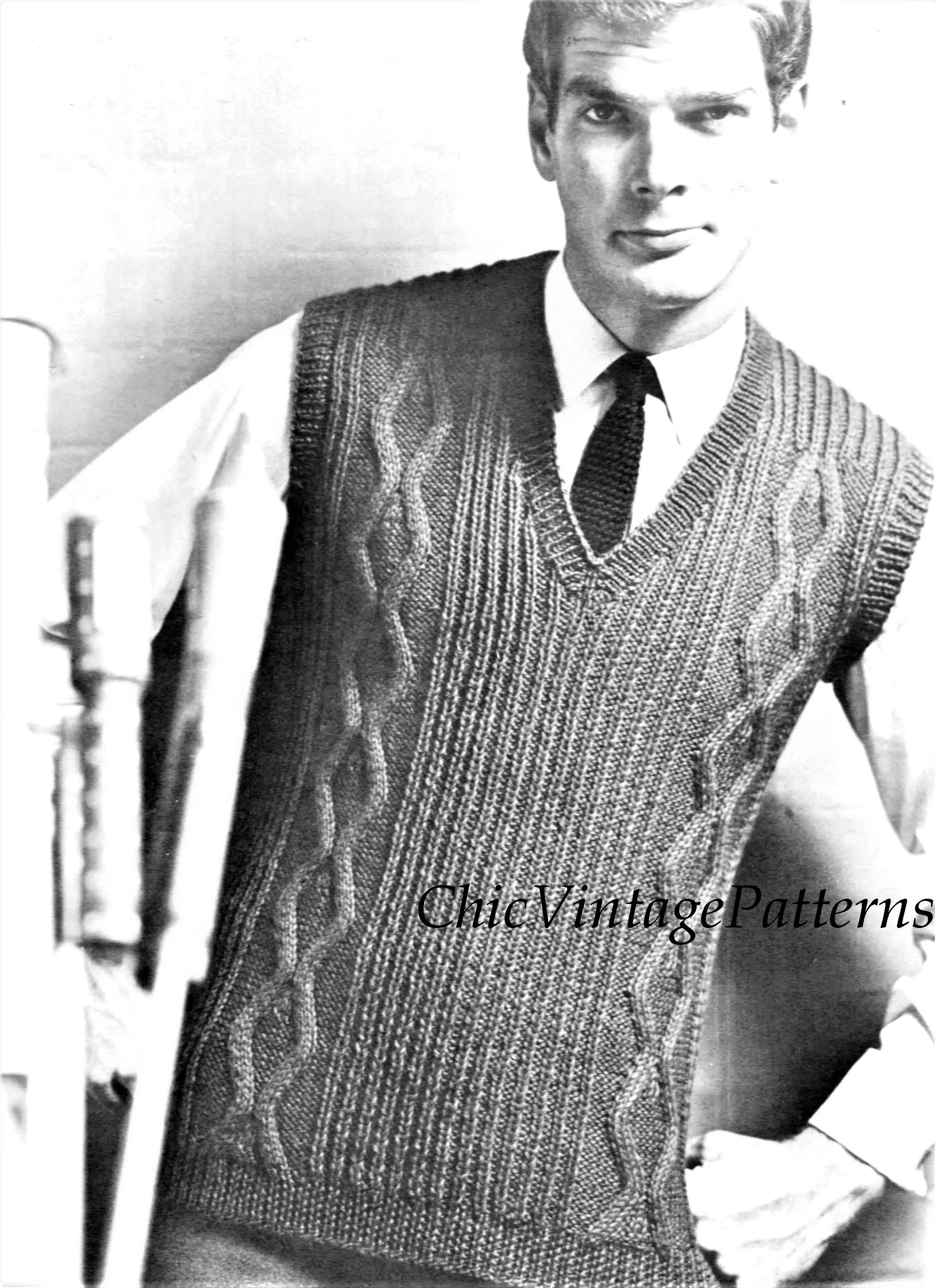 Vintage Sleeveless Vest Knitting Pattern, Cabled Slipover, Instant Download