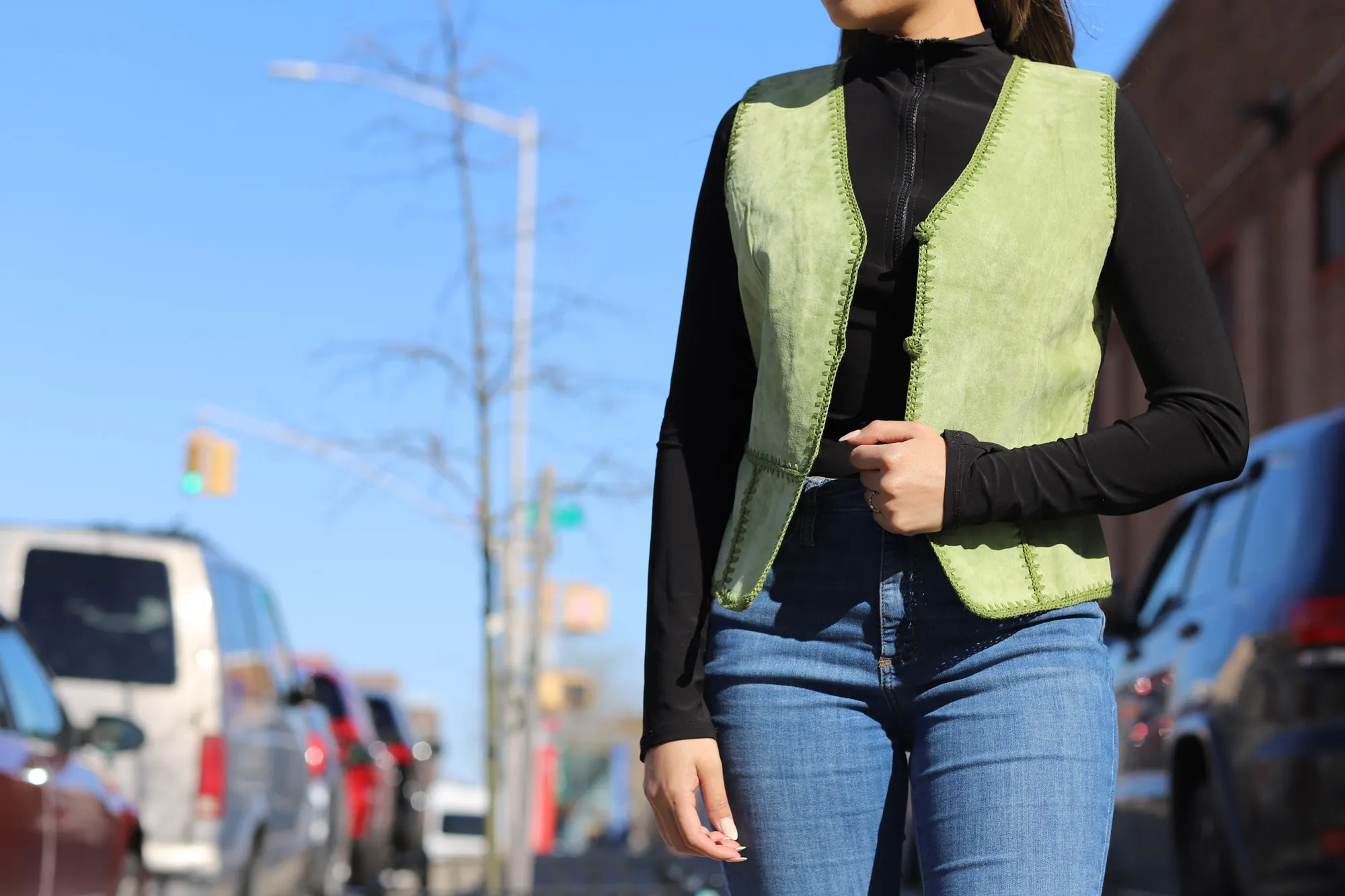 Vintage Suede Leather Vest - Lime