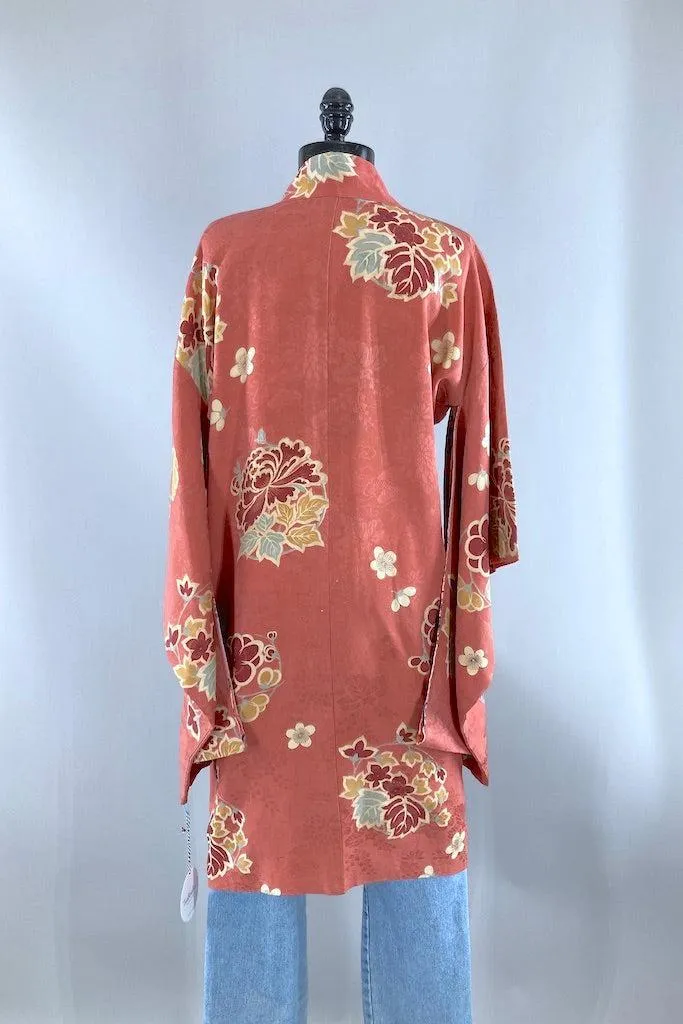 Vintage Terra Cotta Floral Silk Kimono Cardigan