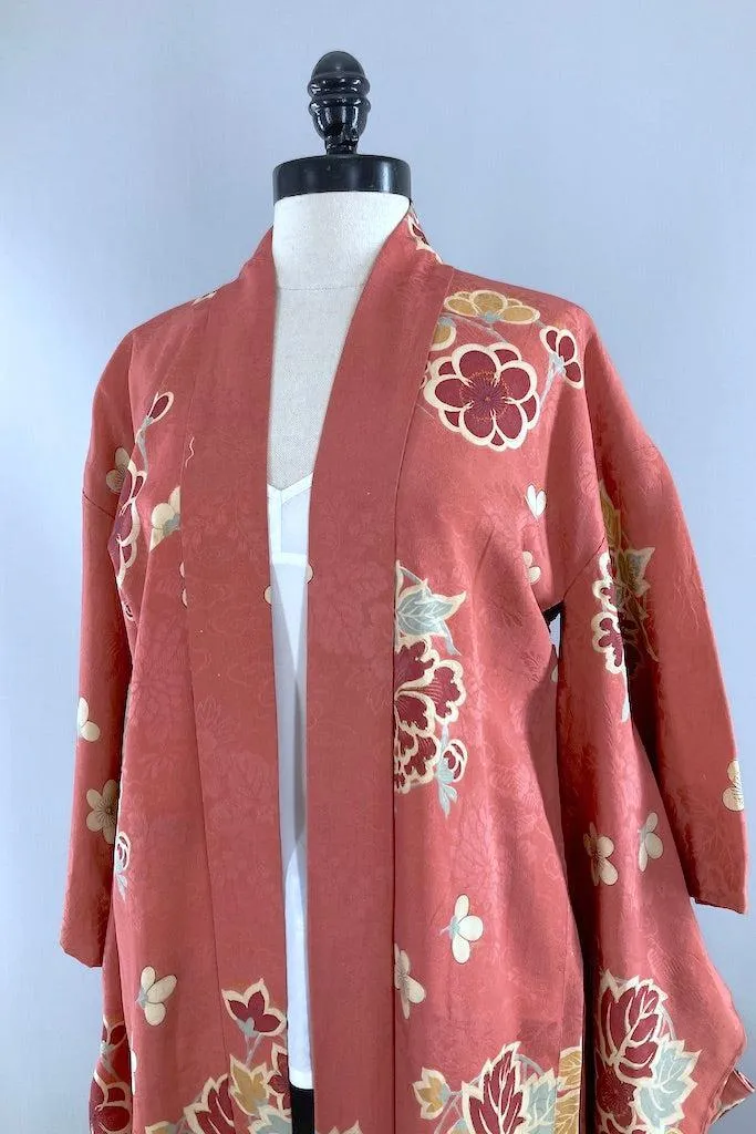 Vintage Terra Cotta Floral Silk Kimono Cardigan