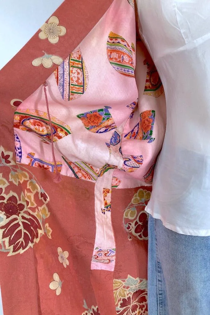 Vintage Terra Cotta Floral Silk Kimono Cardigan