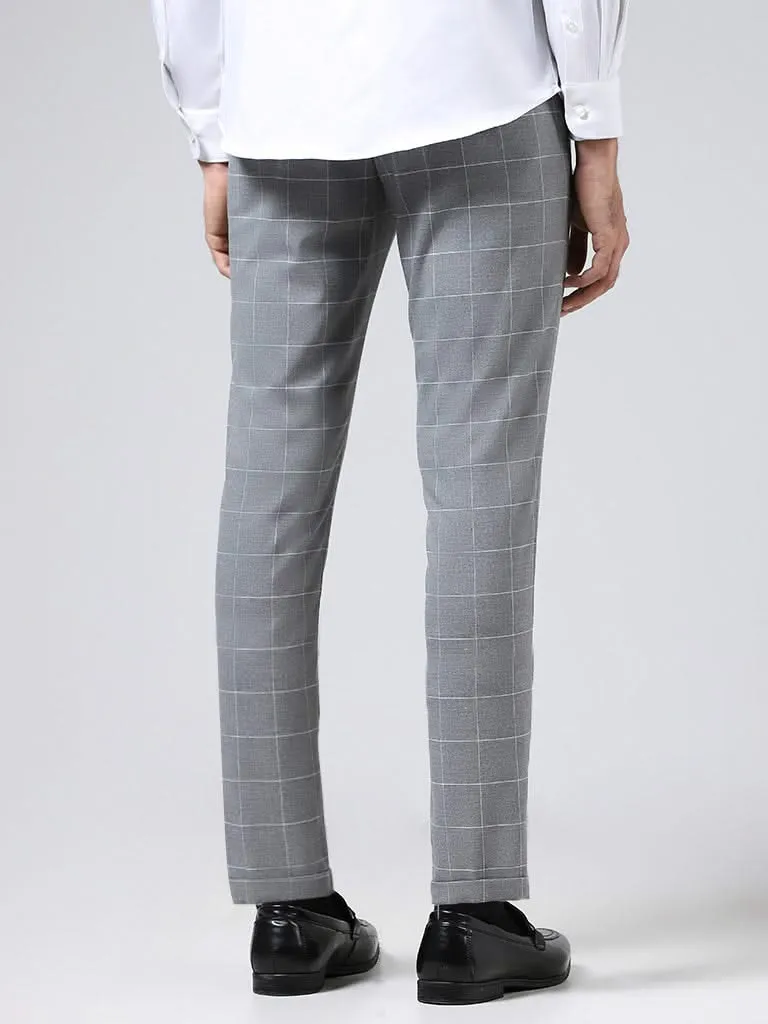 WES Formals Grey Graph Checked Slim-Fit Mid-Rise Trousers