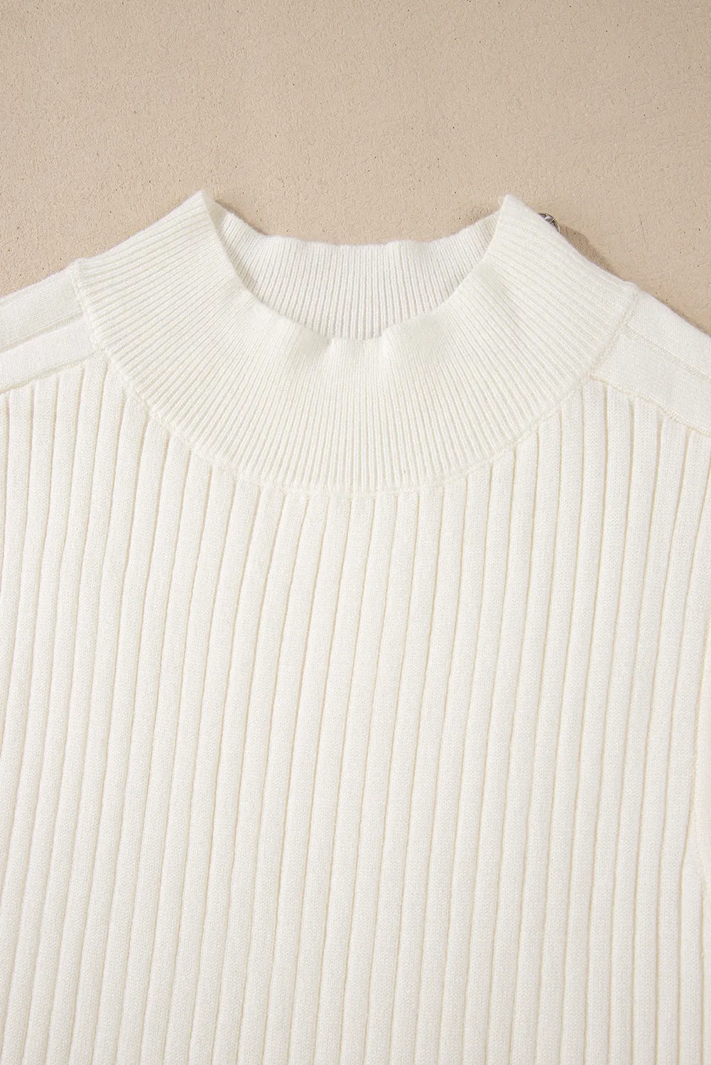 White Ribbed High Neck Knit Top