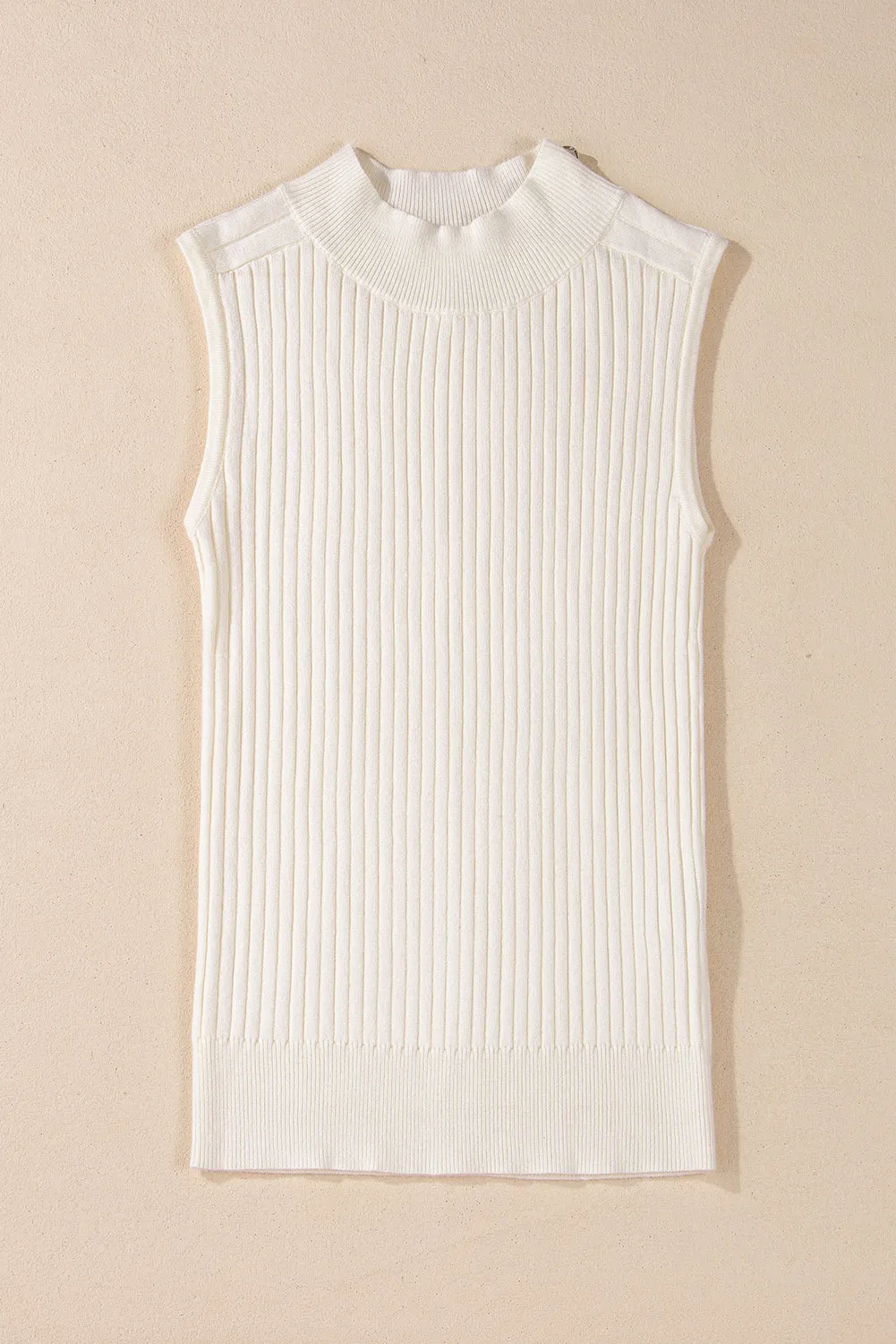 White Ribbed High Neck Knit Top