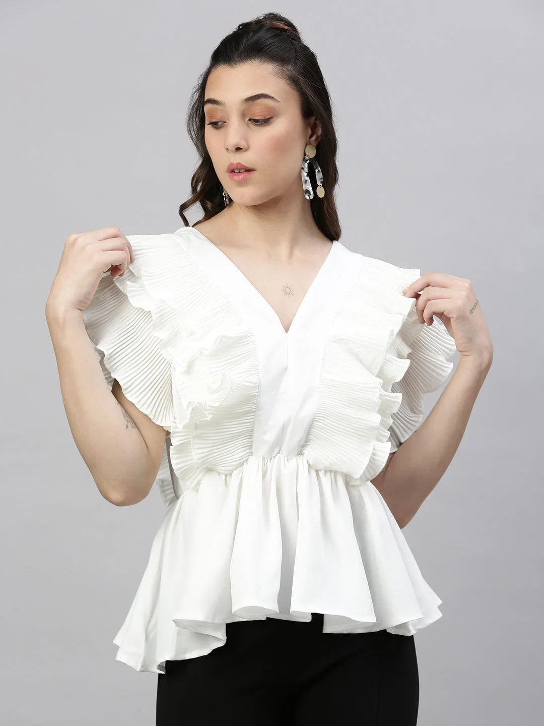 Women Solid White Cinched Waist Top