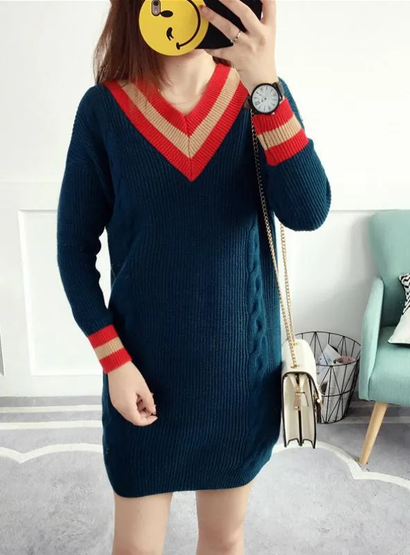 Women V Neck Long Sleeve Loose Knitwear Sweater