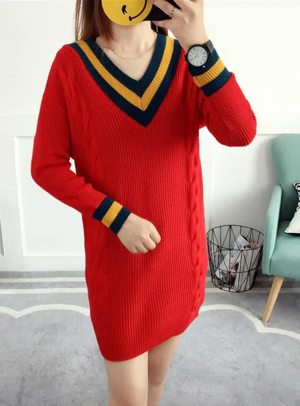 Women V Neck Long Sleeve Loose Knitwear Sweater