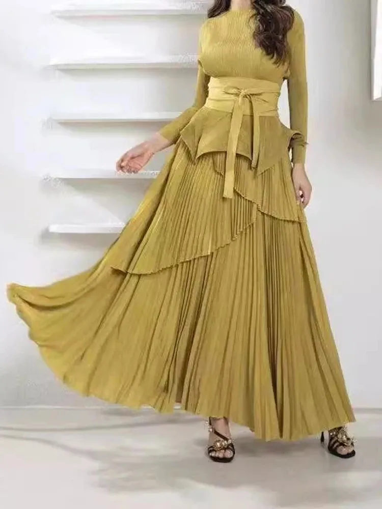 Women's 2 Piece Top & Tiered Pleated Maxi Skirt Set