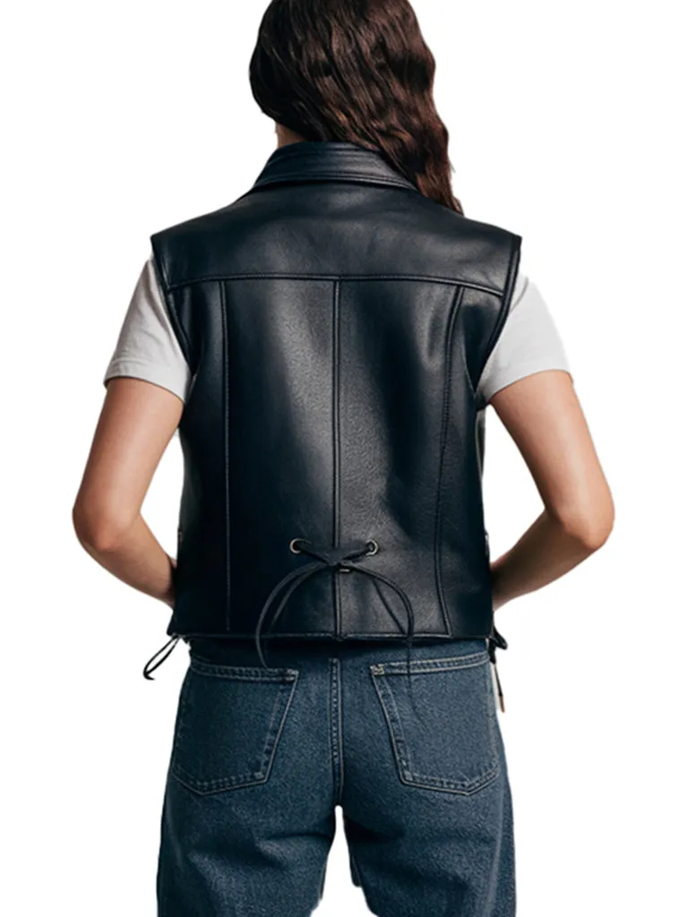 Women's Black Genuine Leather Brisk Sleeveless Vest