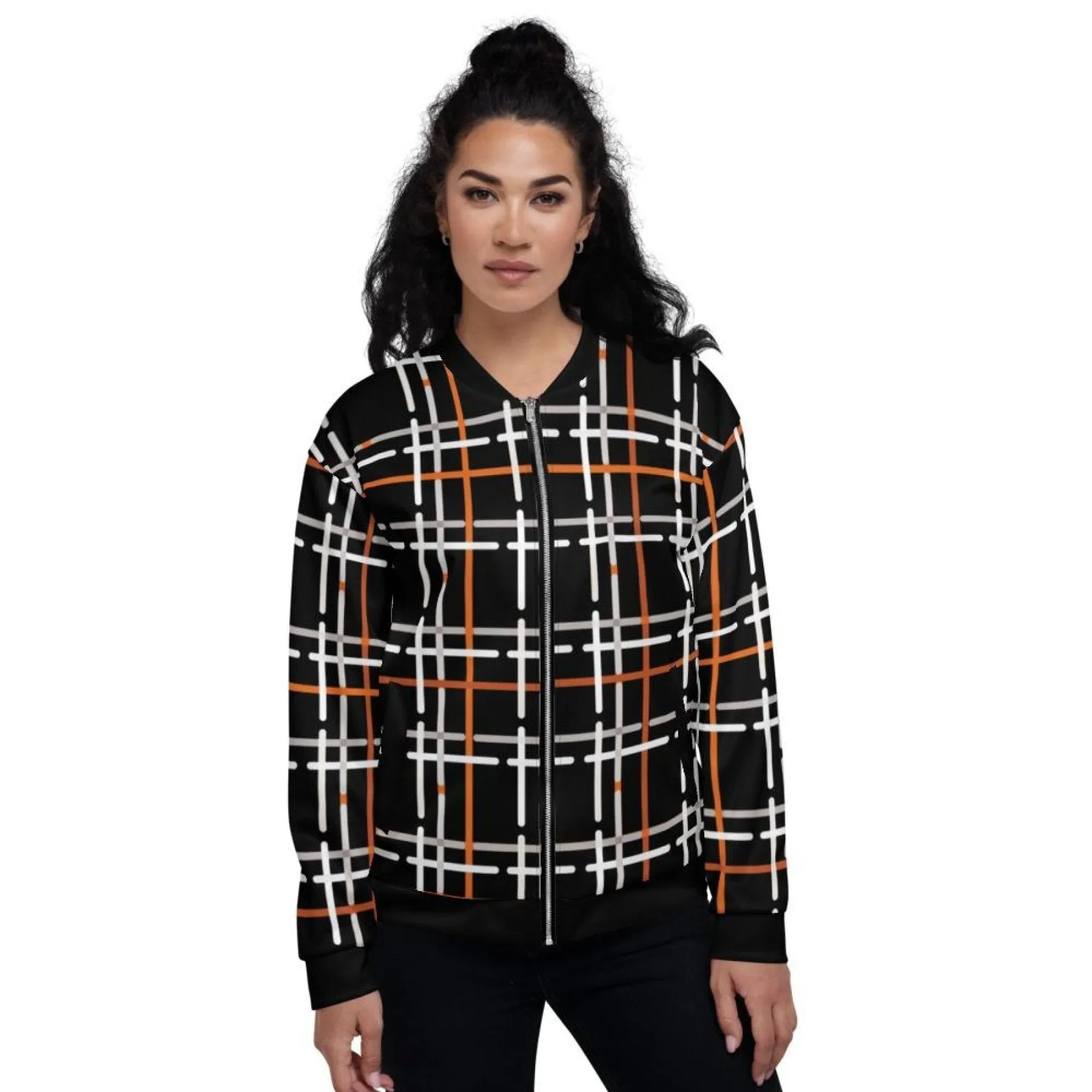 Womens Jacket - Black And Orange Tartan Style Bomber Jacket