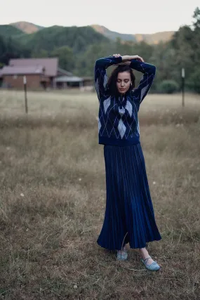 Wool Blend Pleated Skirt-Navy