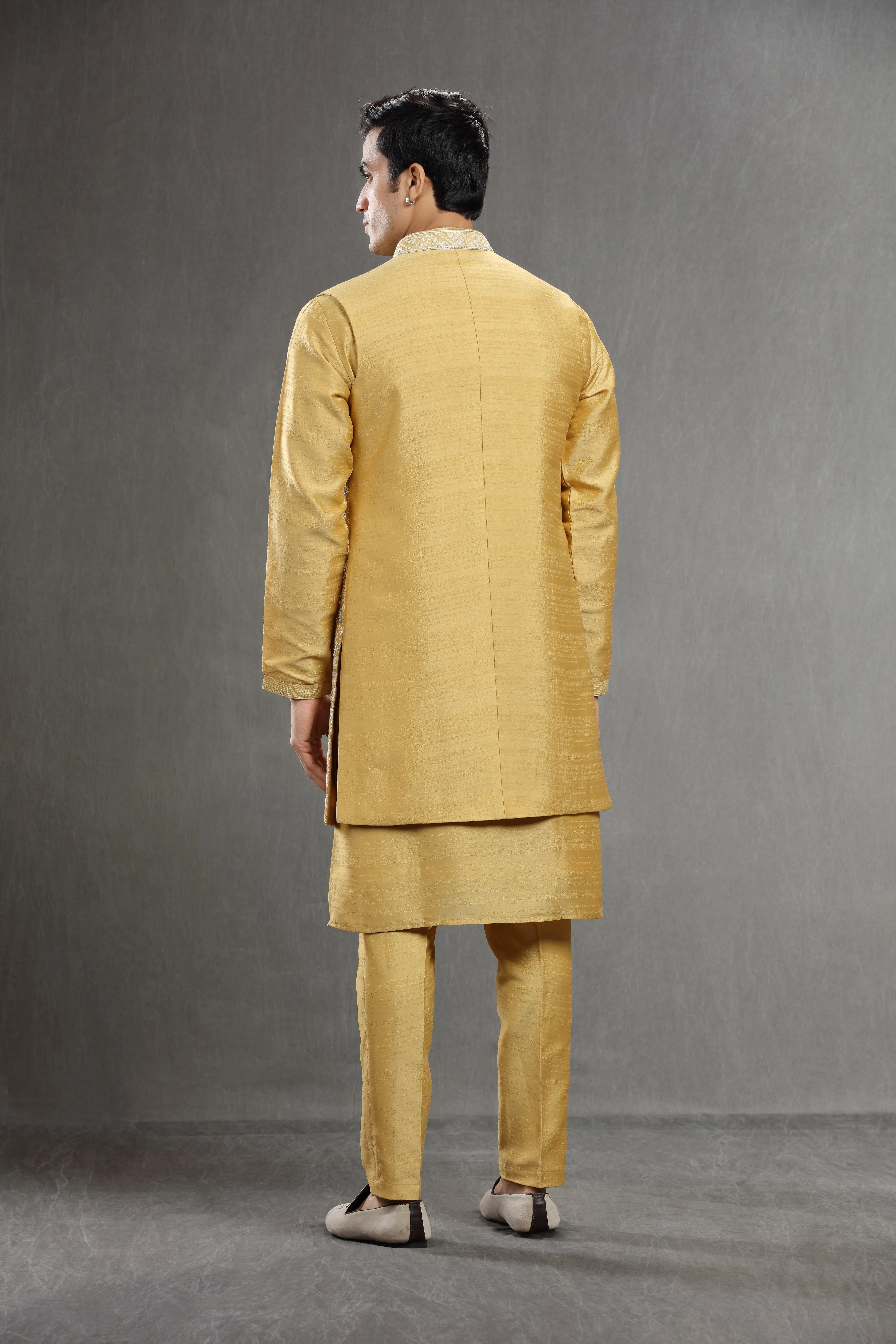 Yellow long jacket set wih mirror work