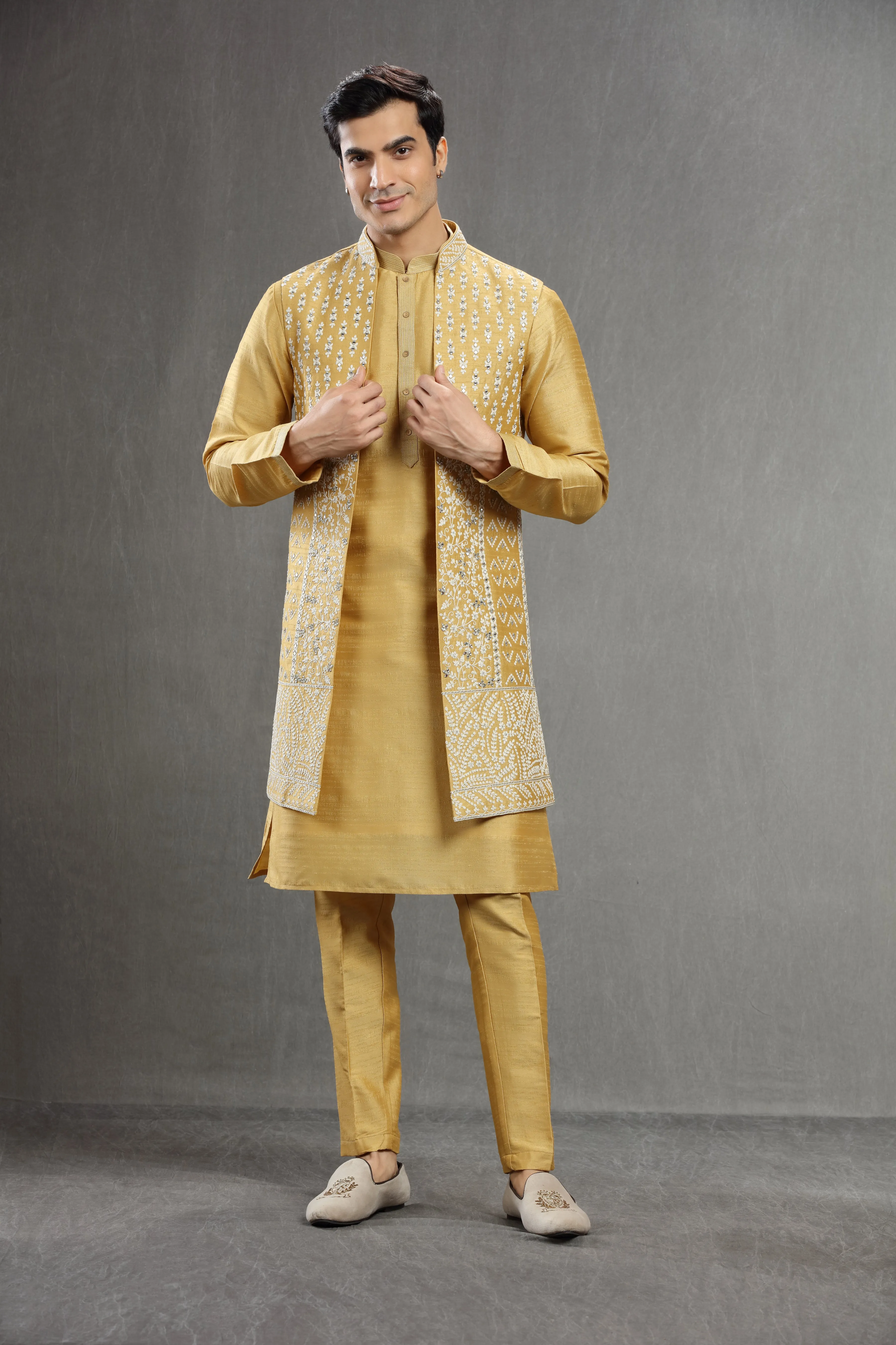 Yellow long jacket set wih mirror work