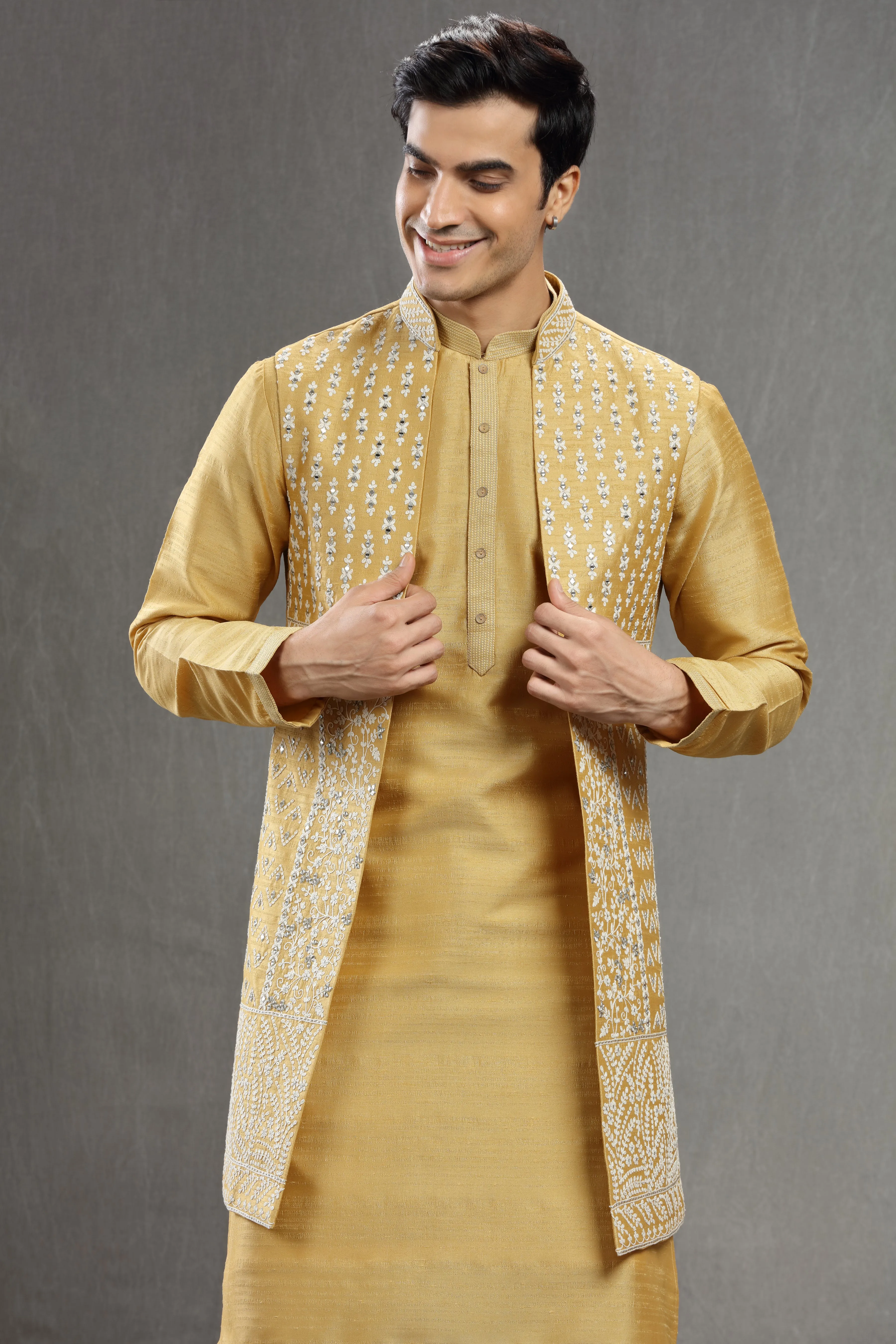 Yellow long jacket set wih mirror work