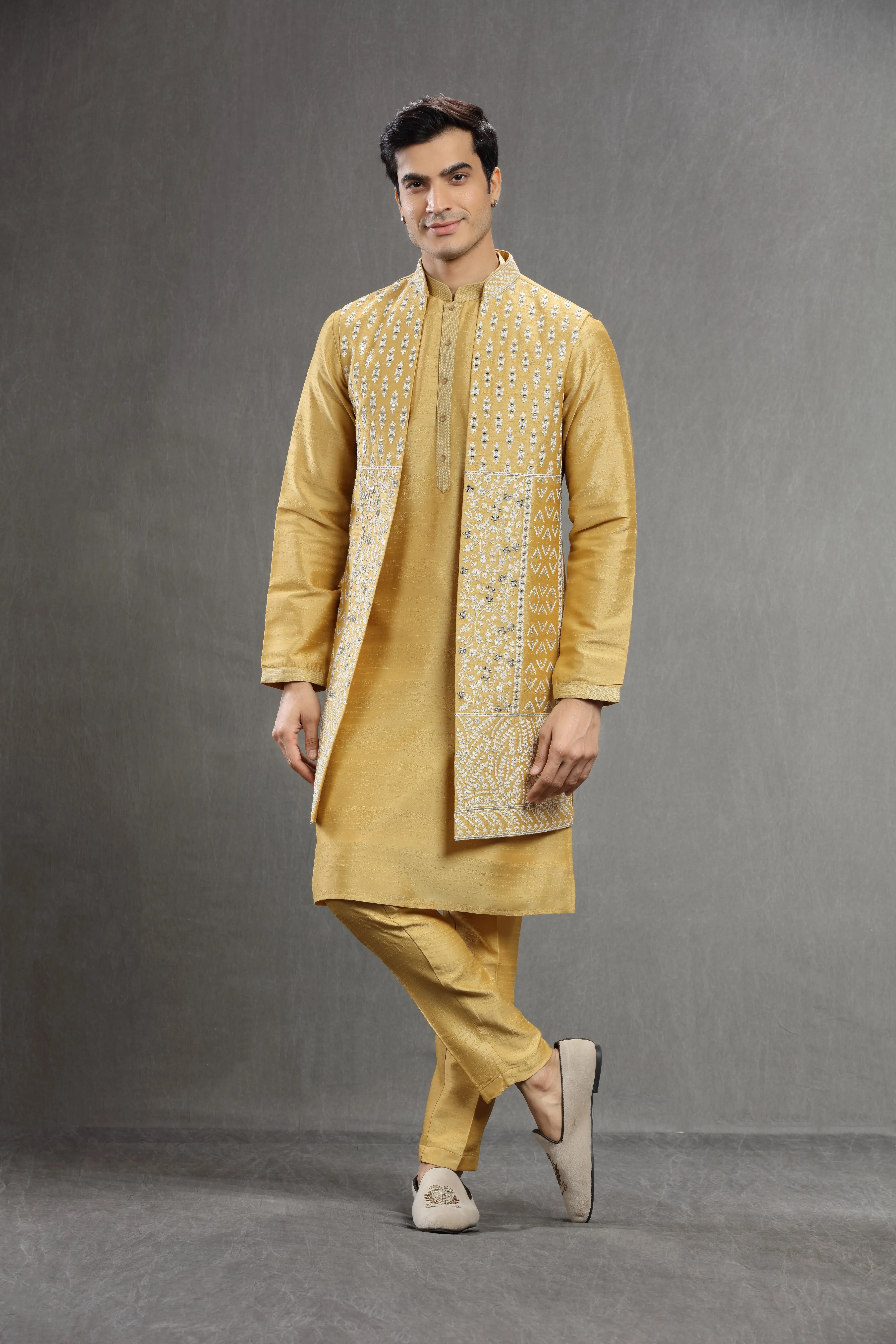 Yellow long jacket set wih mirror work