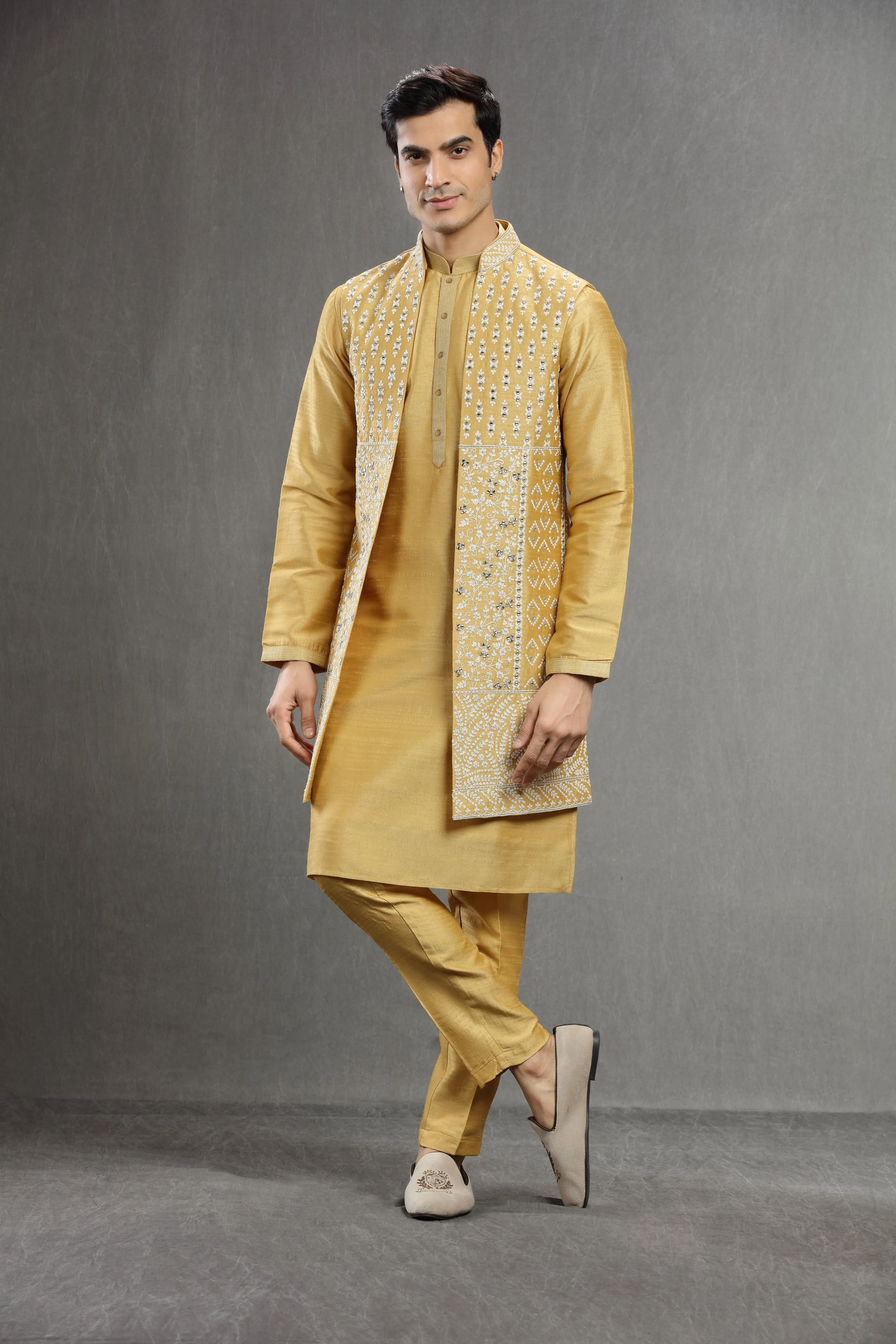 Yellow long jacket set wih mirror work