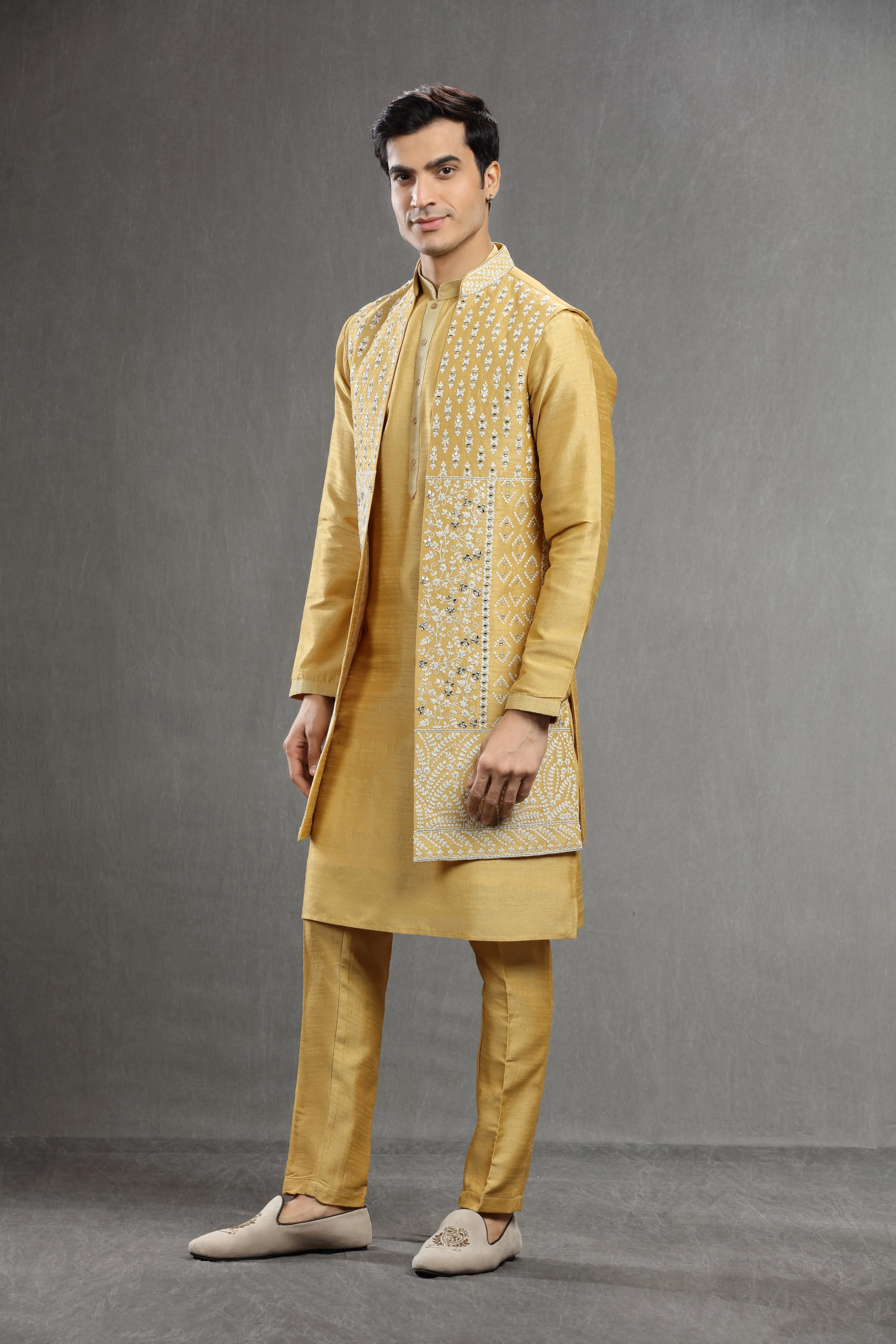 Yellow long jacket set wih mirror work