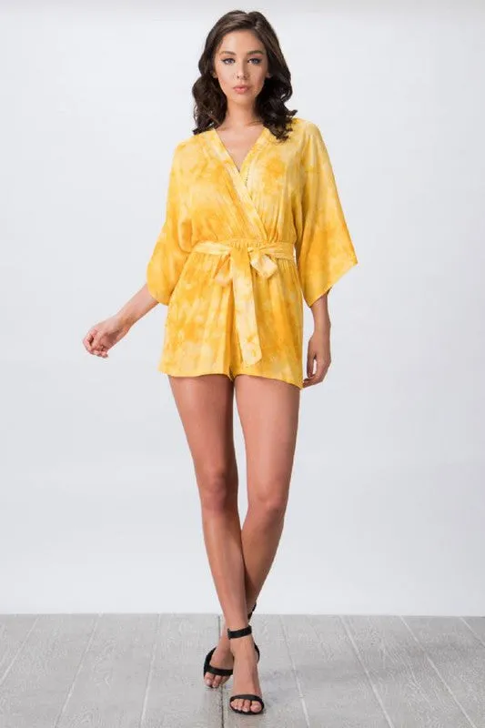 Yellow Tie Dye Surplice Kimono Romper Casual Womens