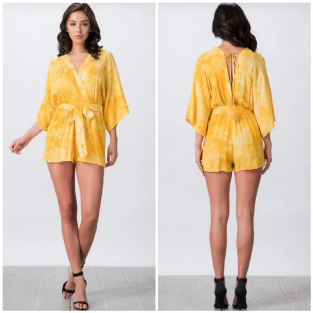 Yellow Tie Dye Surplice Kimono Romper Casual Womens